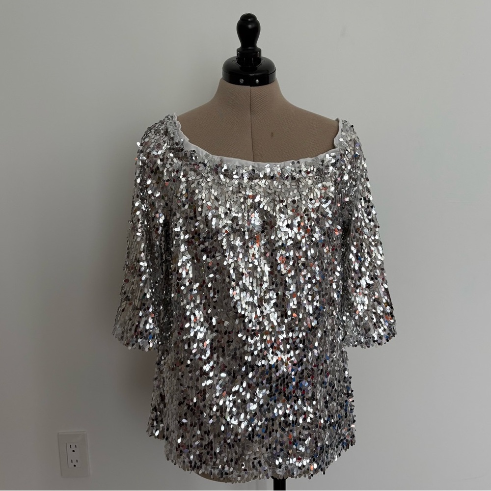 Venus Womens Top Size Large Silver Mirror Sparkle Off the Shoulder Sparkly Loose